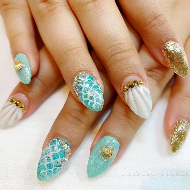 Gold Glitter Mermaid Nails Art Ideas