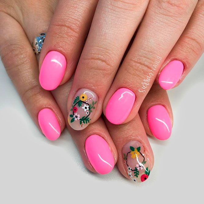 Summer Pink Nails With Charming Floral Patterns