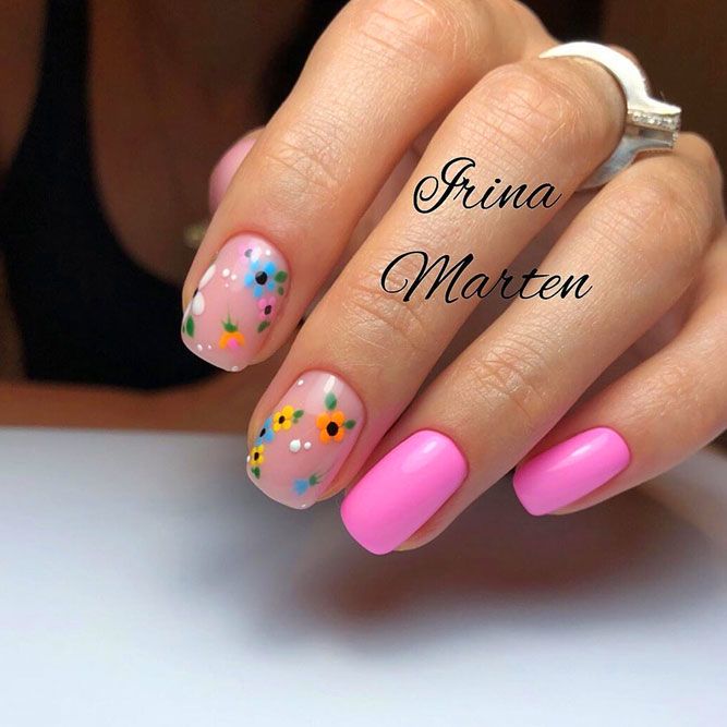 Pink Nails With Charming Floral Patterns