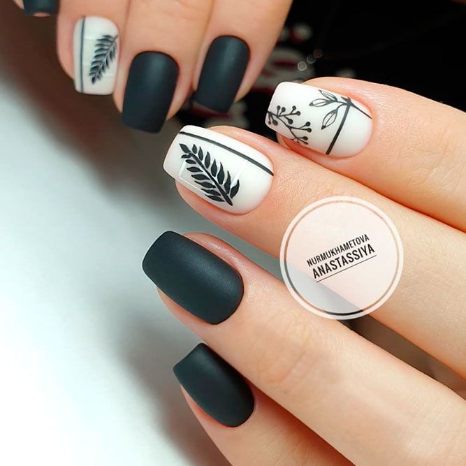 Matte Black Nails With Leaves Accent