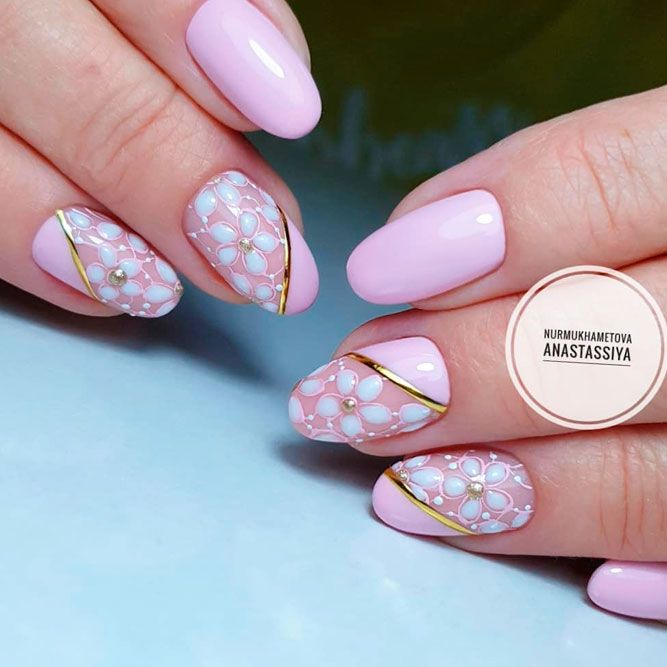 Сute Pastel Pink Nails With Spring Flowers