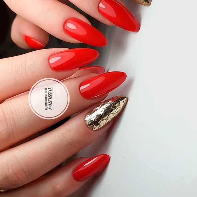 Classic Red Color Nails With Gold Accent