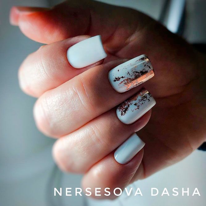 White Color Nails With Gold Foil