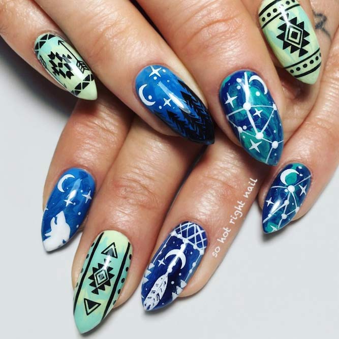 Fantastic Tribal Nail Art For Short Stiletto Nails #tribalnails #bluenails