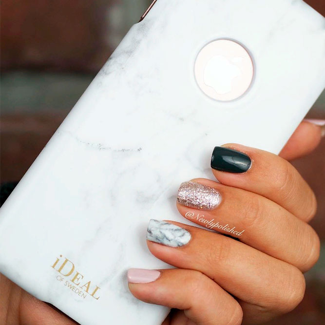 Nail Designs With Marble And Glitter Accents #shortnails #glitternails