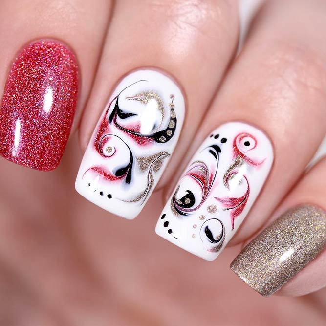 Flower Nails Design With Dry Marble Effect #bluenails #nailsdesign #glitternails