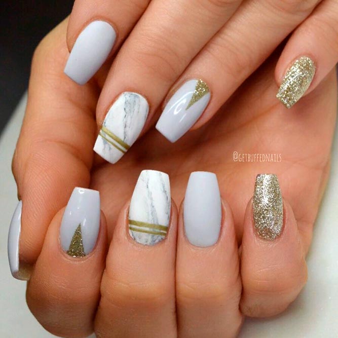 Nail Designs With Marble And Gold Glitter Accents #glitternails #coffinnails