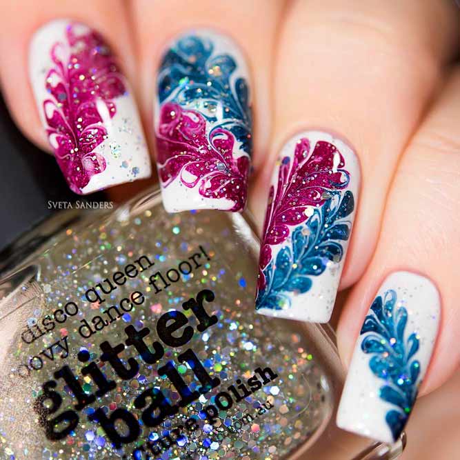Flower Nails Design With Dry Marble Effect #bluenails #nailsart #flowernails