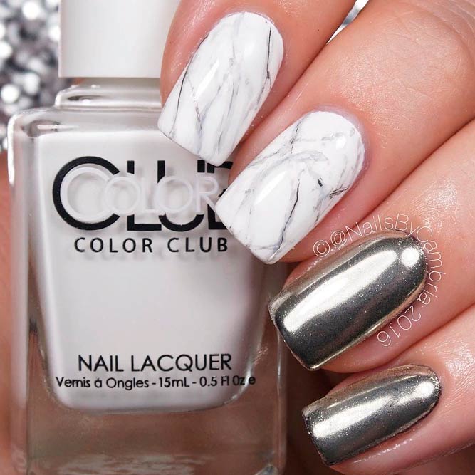 Easy Marble Design With Chrome #chromenails #shortnails