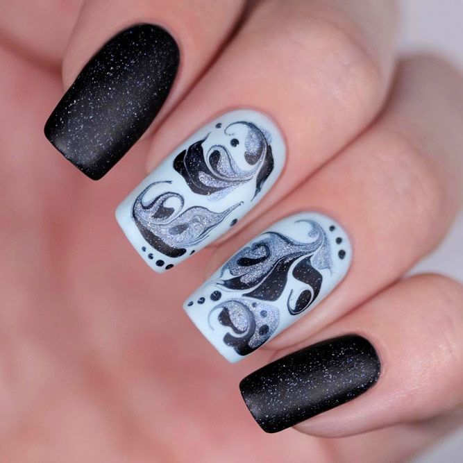 Black Flower Nails Design With Dry Marble Effect