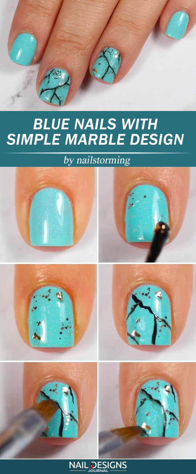 Blue Nails With Simple Marble Design
