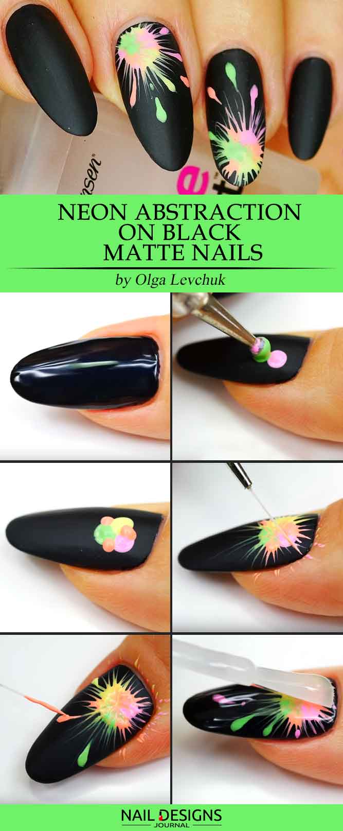 Neon Abstraction on Black Matte Nails