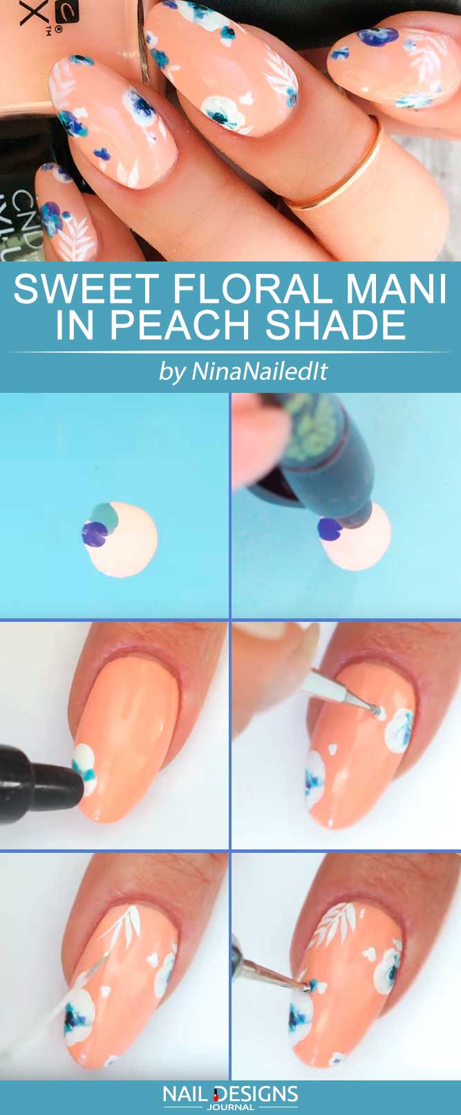 Sweet Floral Mani In Peach Shade #cutenails #floralnails #summernails #flowersnails #peachnails