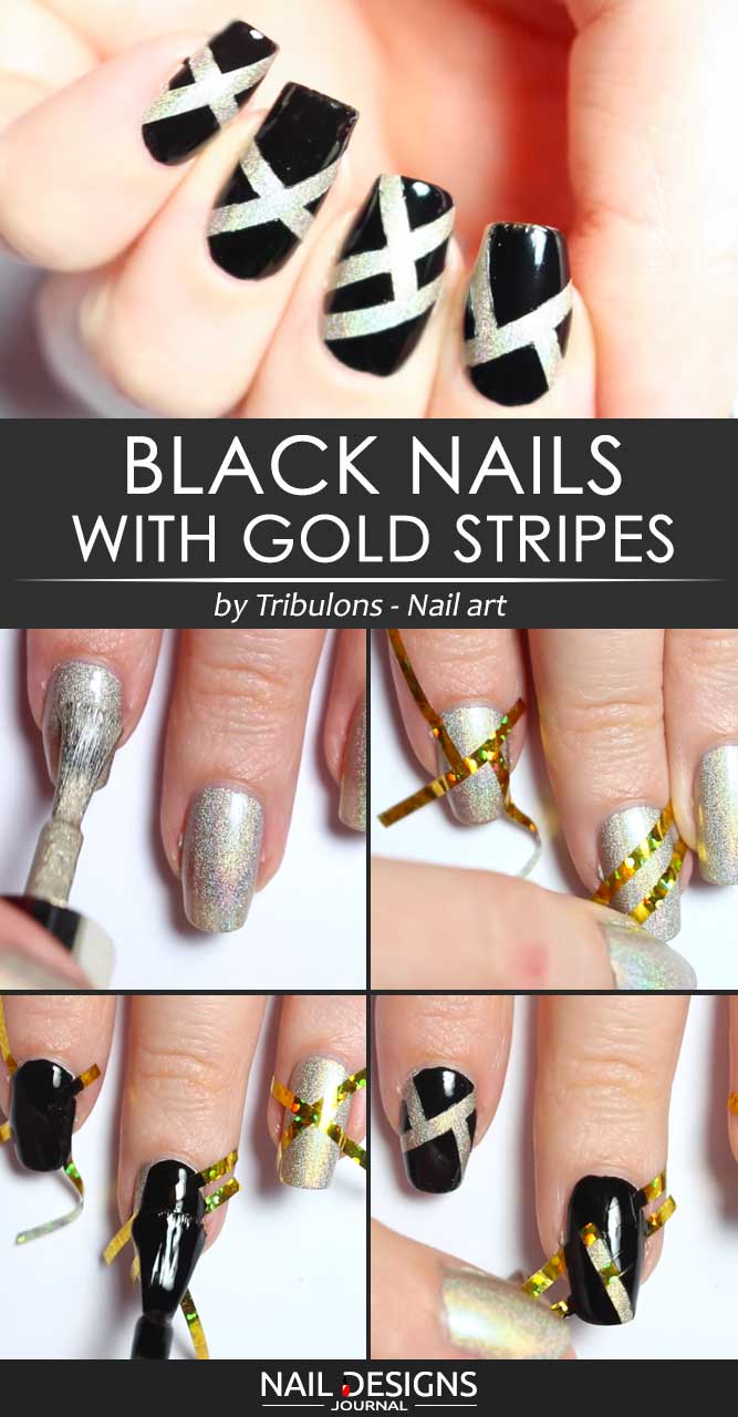 Black Nails With Gold Stripes