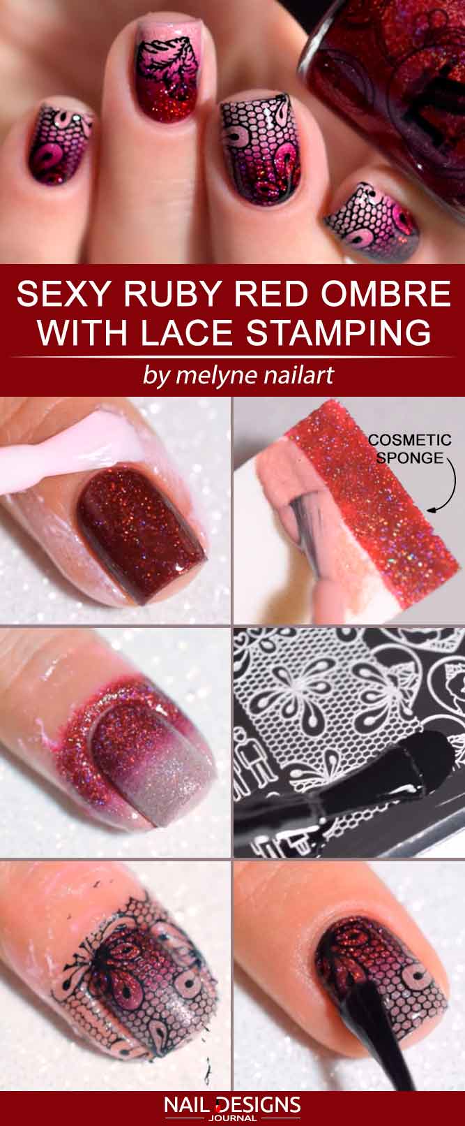 Sexy Ruby Red Ombre With Lace Stamping #rednails #ombrenails #stampingnails #lacenails