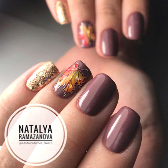 Taupe Color With Gold Glitter And Fallen Leaves