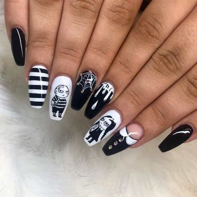 Addams Family Nails In Black-White Hues
