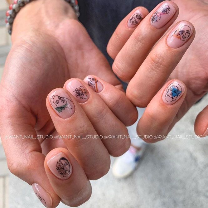 Nude Nails With Stickers Design