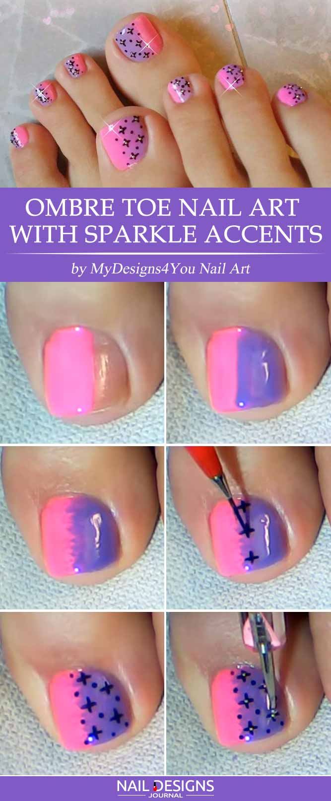 diy toe nail designs ideas pink violet ombre black rhinestones