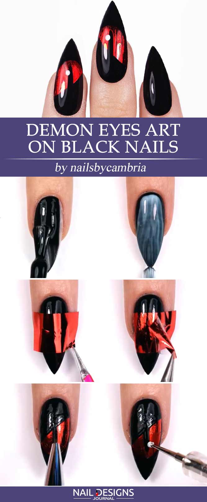 Demon Eyes Art On Black Nails