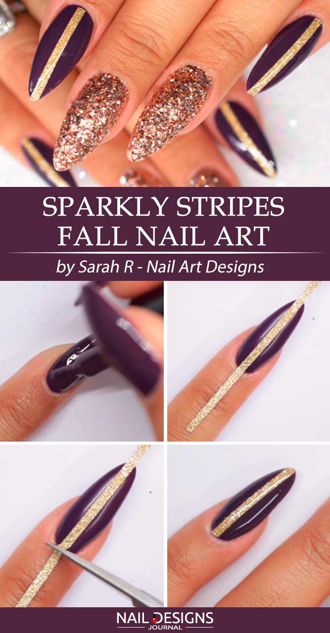 Sparkly Golden Sugared Striped Nail Art #glitternails #stripednails