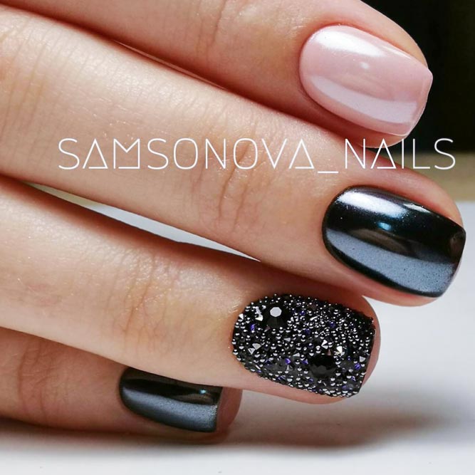 black nails cool ideas chrome powder caviar rhinestones