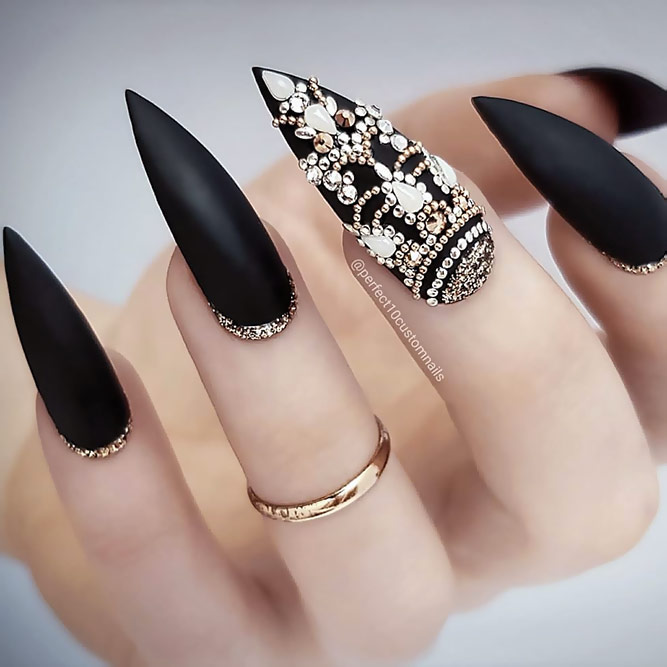 Black Stiletto Nail Designs With Gorgeous Rhinestones