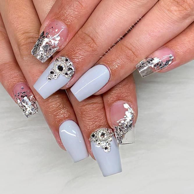 Blue Manicure With Rhinestones