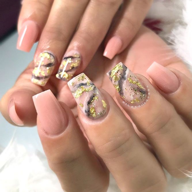 Nude And Gold Marble Stone Nail Art