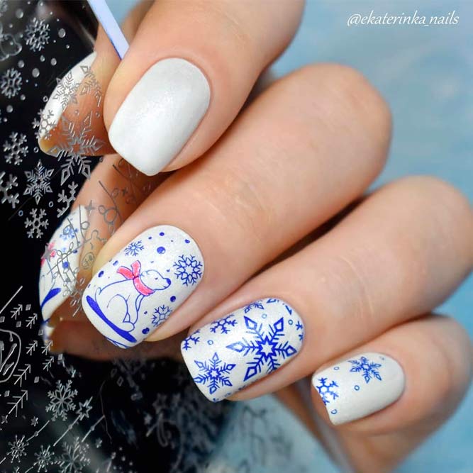 Stamping Nails With Polar Bear #stampingnails #snowflakesnails