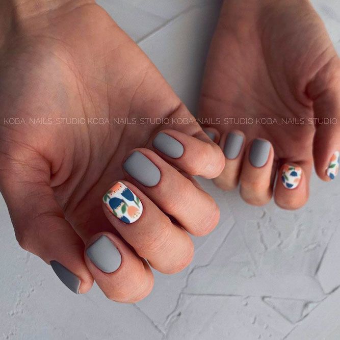 Matte Grey Nail Designs with Flower Art