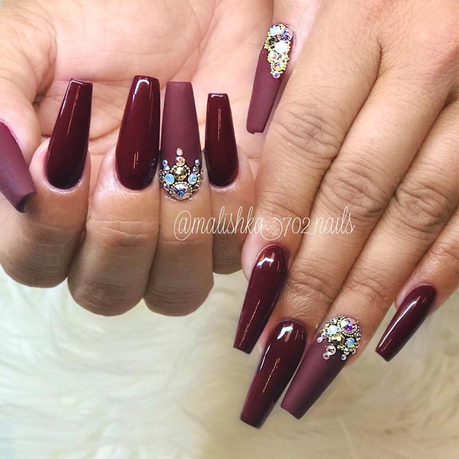 Stunning Matte Maroon Nails With Rhinestones picture 2