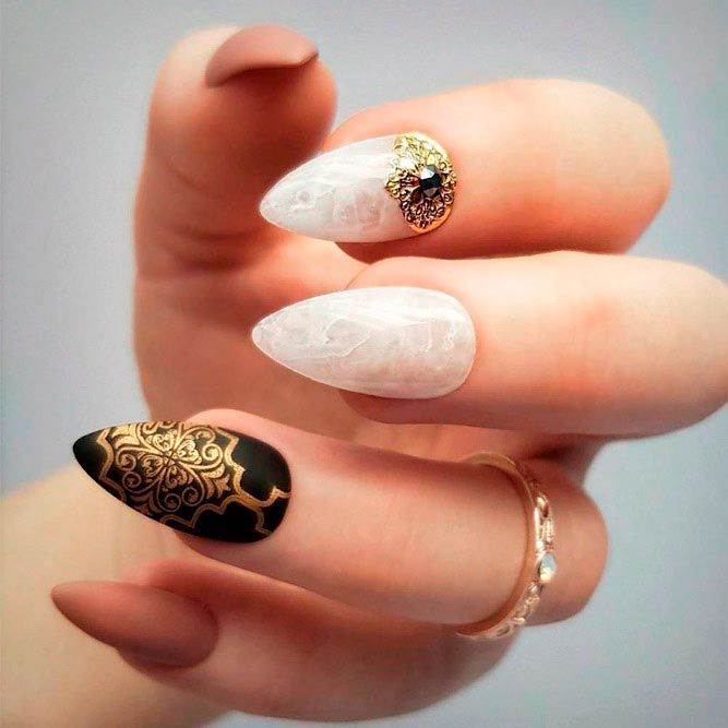 Marble Nails With Matte Black Accented Finger #goldnails #marblenails