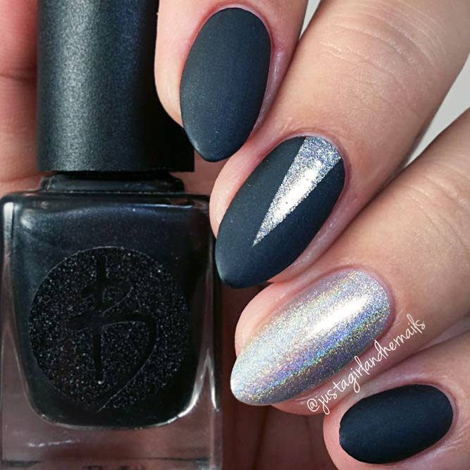 Matte Black Nails with Silver Sparkly Accents picture 3
