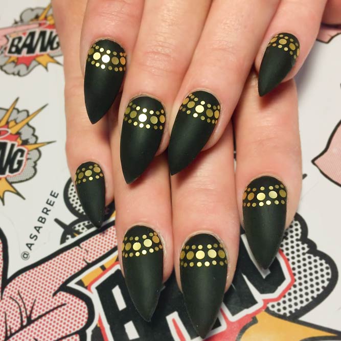 Matte Black Nails with Gold Sequins Designs picture 3