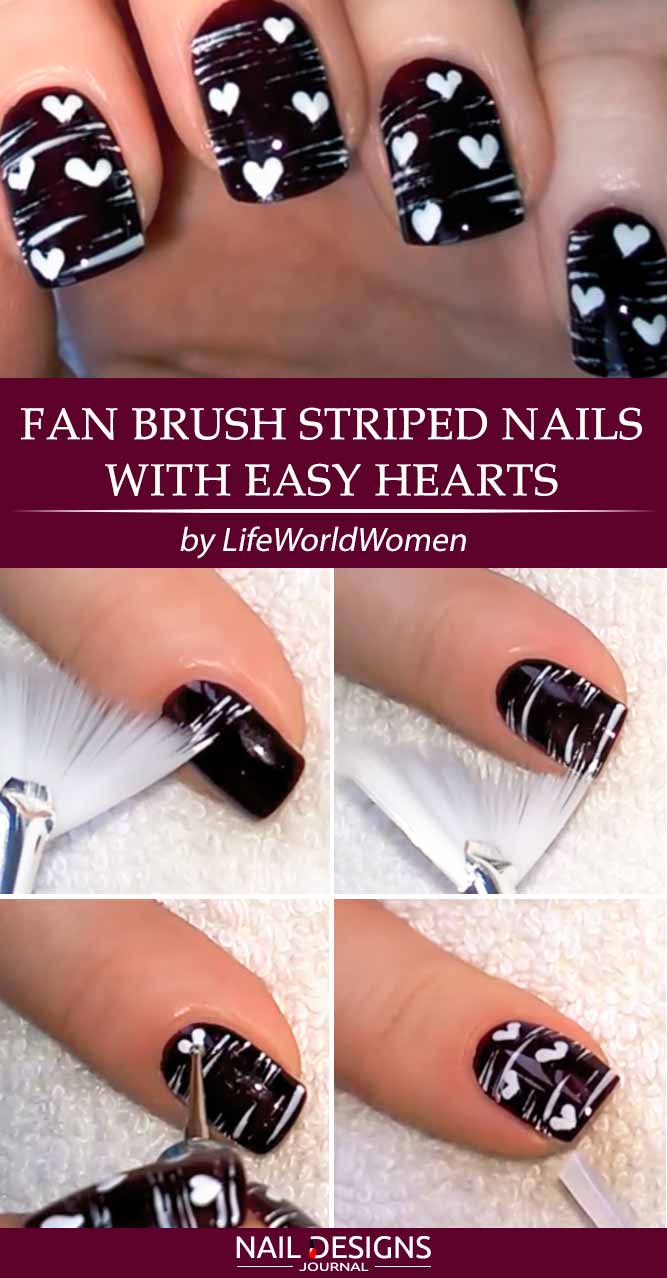 Fan Brush Striped Nails With Easy Hearts