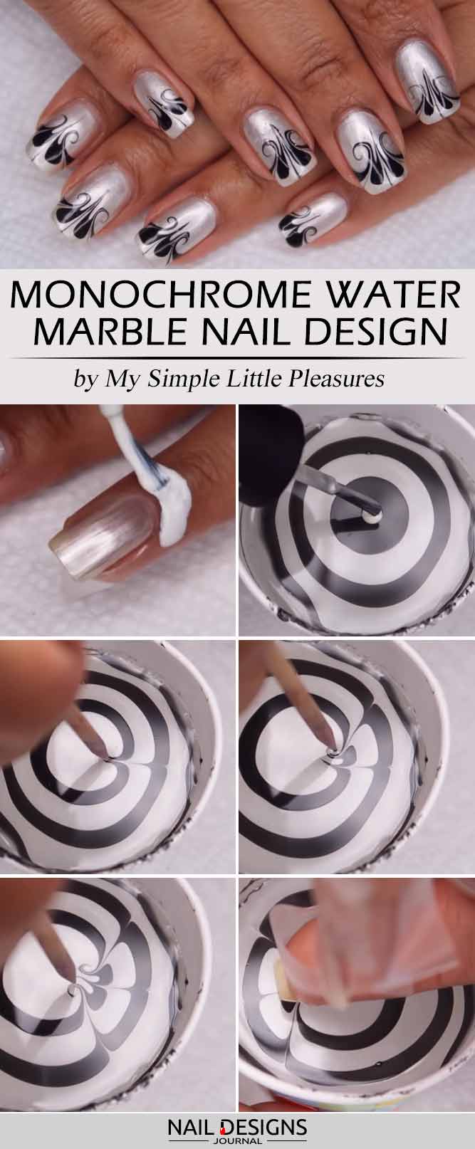 Monochrome Water Marble Nail Design