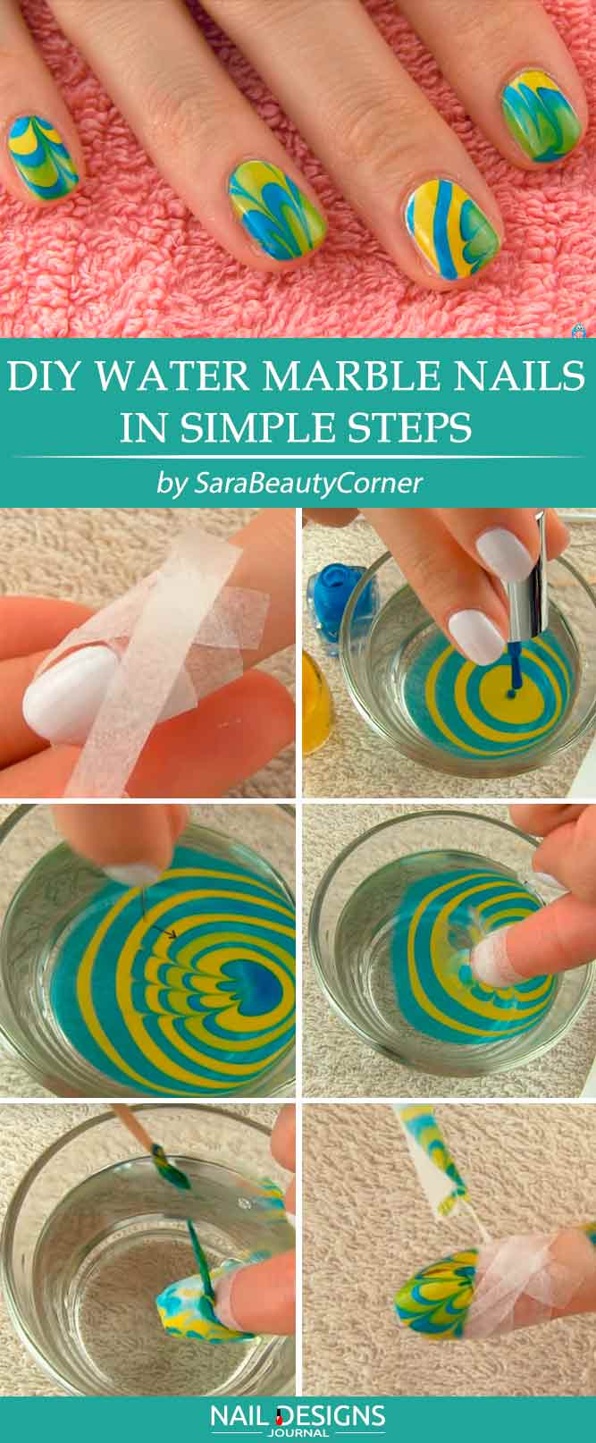 DIY Blue and Yellow Water Marble Nails