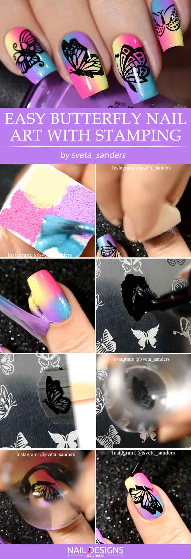 Easy Butterfly Nail Art With Stamping #nailstamping #ombrenails #squarenails