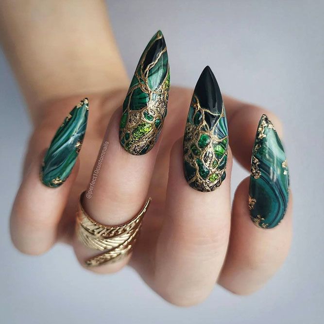 Combo Gold Foil Accent And Emerald Marble Nails