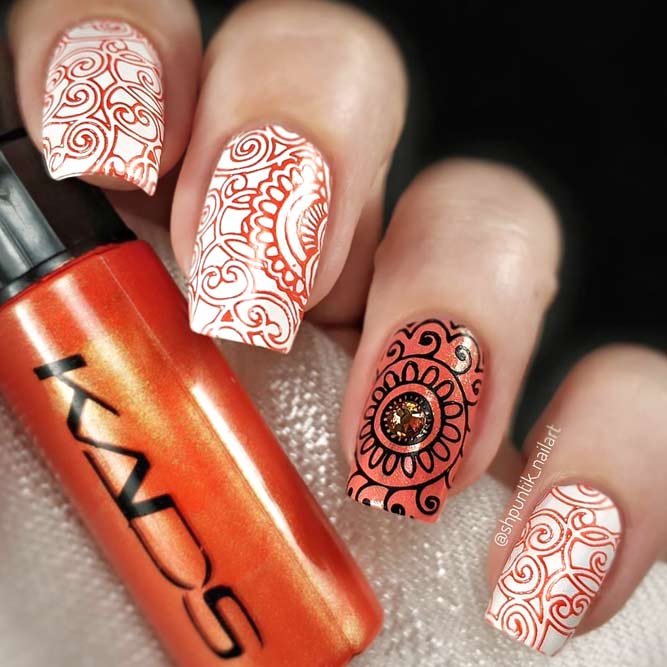 Mandala Art For Stunning Nails #orangenails #stampingnails #squarenails #longnails