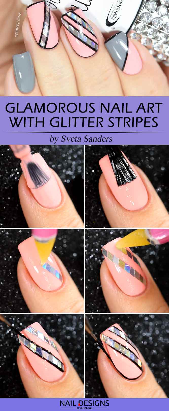 Glamorous Nail Art With Glitter Stripes