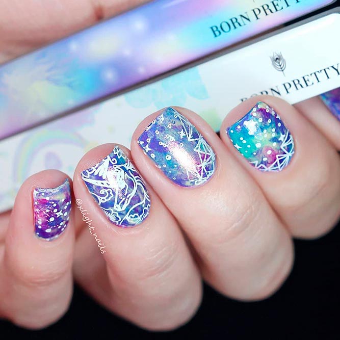 Galaxy Unicorn Nail Design #squarenails #stampingnails