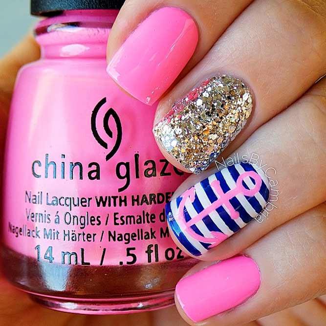 Girly Anchor Nails Design With Glitter Accent