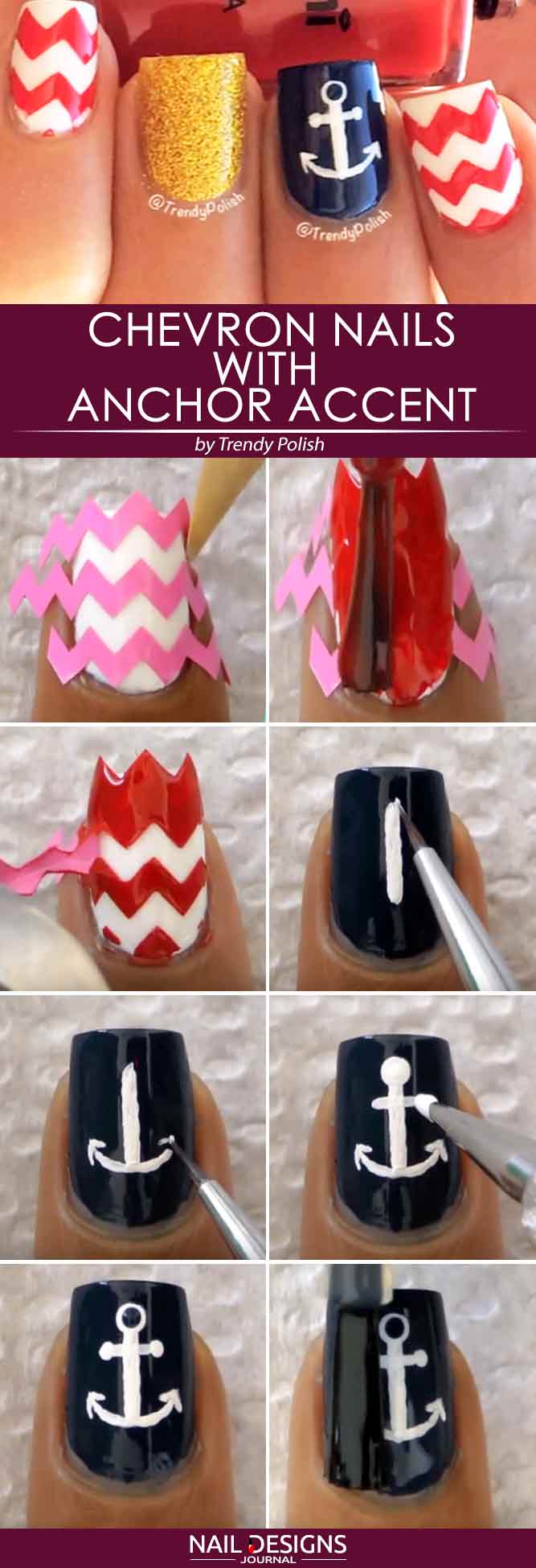 Beautiful Chevron Nails With Hand Painting Anchor Accent