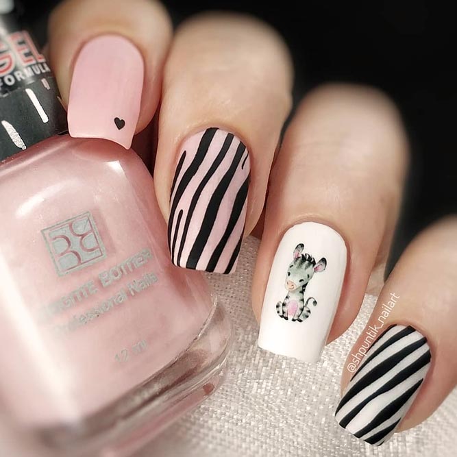 Sweet Soft Pink Nails Decorated With Zebra Print #squarenails #longnails #pinknails #decalnails