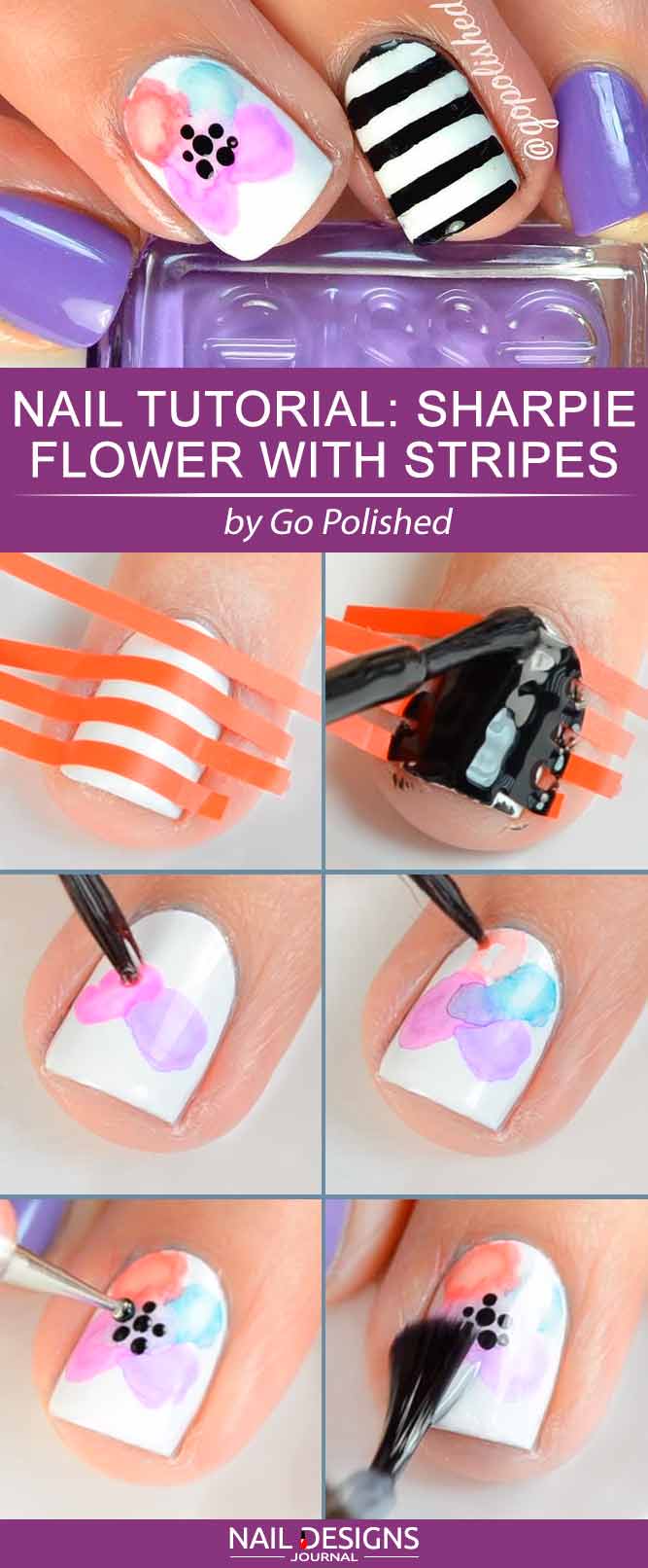 Nail Tutorial Cute Sharpie Flower With Stripes #flowernails #stripesnails #floralnails