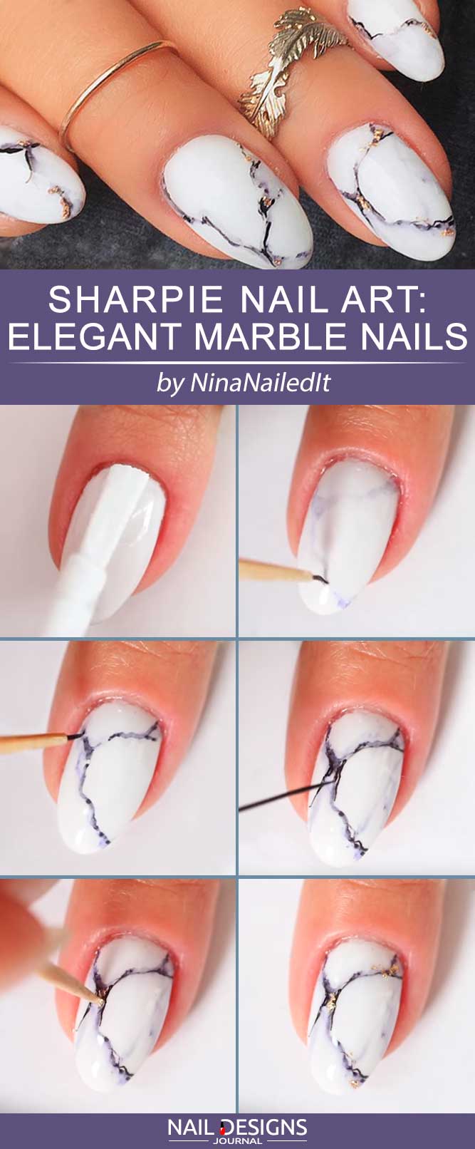 Black Sharpie Nail Art Elegant Marble Nails In Several Steps #marblenails #whitenails #foilednails #whitemarble