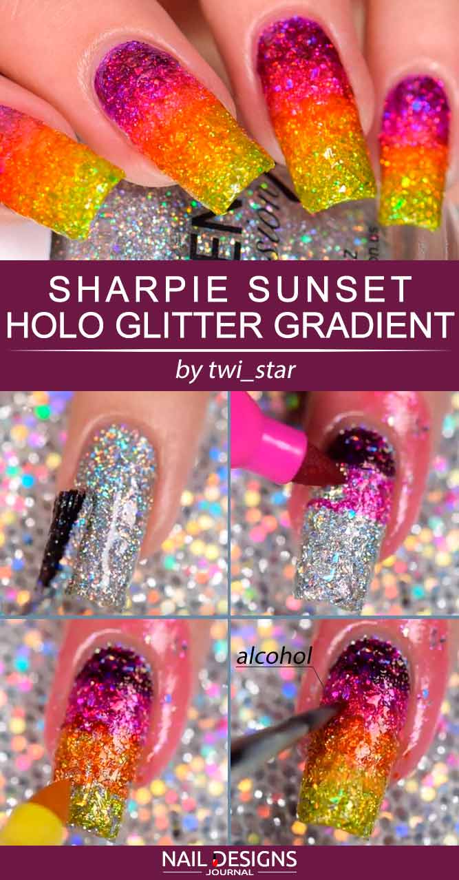 Easy DIY Sharpie Sunset Holo Glitter Gradient #ombrenails #glitternails #gradientnails #sunsetnails