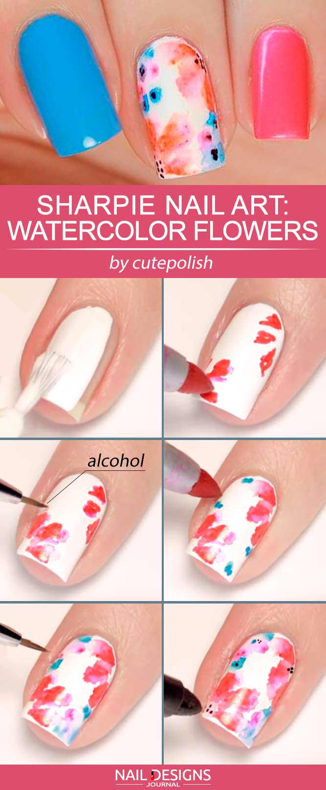 Sharpie Nail Art Ideas Tender Watercolor Flowers #watercolornails #flowernails #floralnails